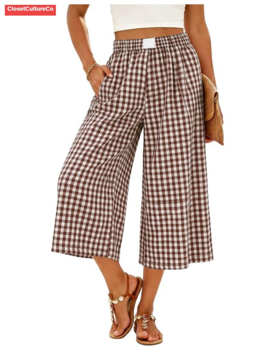 Wide Leg Gingham Plaid Capri Pants Cotton Palazzo Cropped